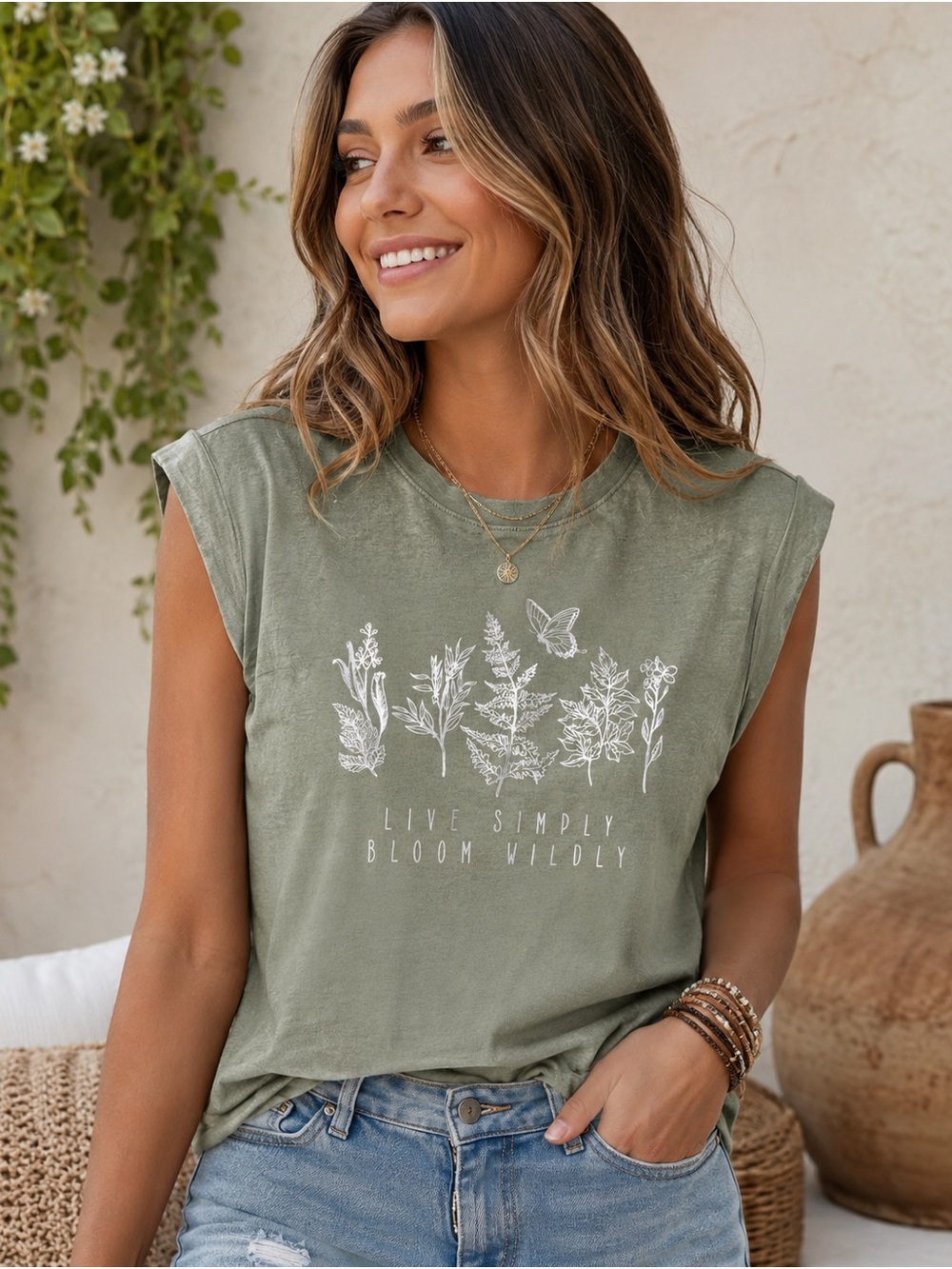 Live Simply Bloom Widely Olive Tee Floral Feminine Boho Y2K Festival Cottagecore